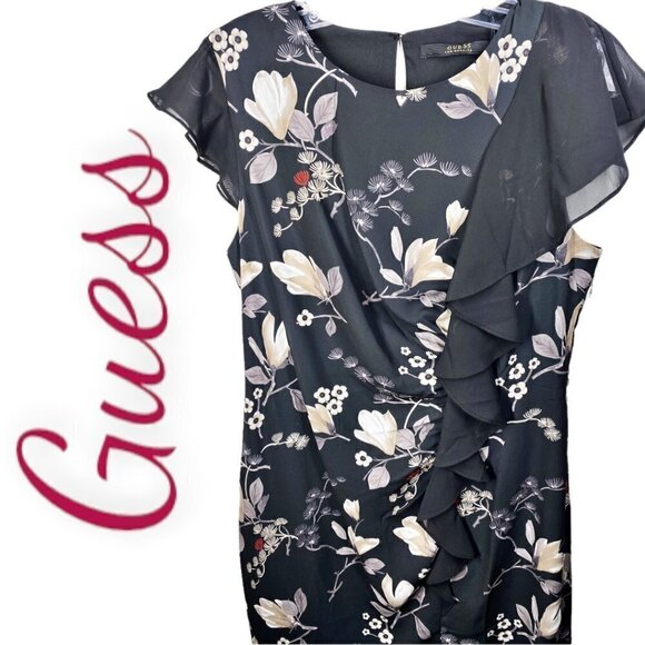 NWT GUESS Floral Chiffon Sleeve Ruffle Front Dress, Size Large - Picture 2 of 6